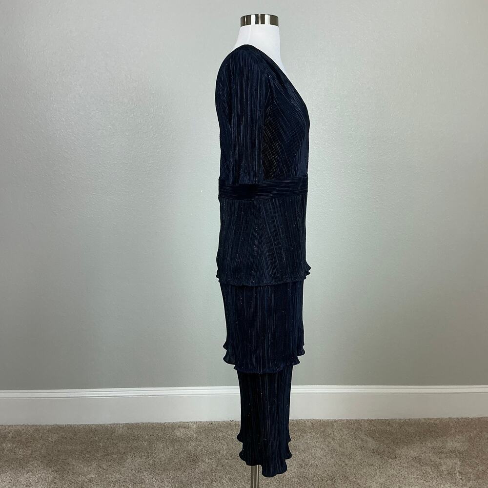 XSCAPE Pleated Sparkly Chiffon Midi Sheath Cocktail Dress Navy Blue Size 8 - Picture 4 of 13
